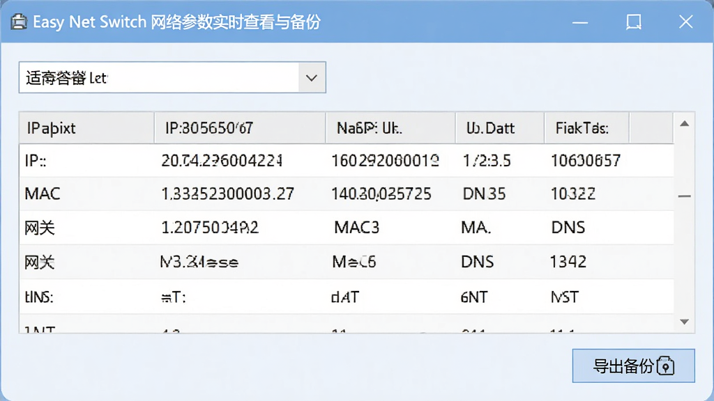 Easy Net Switch �������ʵʱ�鿴�뱸�ݽ��棬����Ϊ����������ʾ��ǰ������Ϣ���񣬲���Ϊ�Ϸ�������ѡ����������·������б��ӵײ��������ݰ�ť���Ű��η��������Ϊ��ˬǳɫϵ�칫�磬ϸ�ڰ���IP��ַ��MAC��ַ�����ء�DNS�ֶ�����չʾ������ͼ��λ�����½ǣ�����Ϊ����1080P���ɾ����޶���Ԫ��