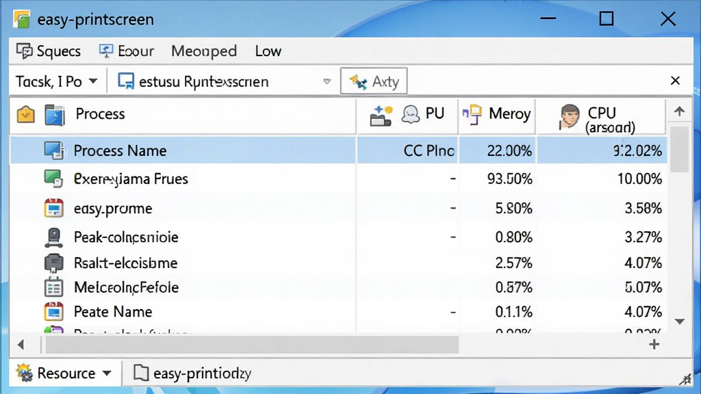 һ��չʾ easy-printscreen �ڵ�������������е���Դռ�õ�ʾ��ͼ����������������������б�������Ϊ����������CPU�ڴ�ռ�����ݲ�����ʾ���Ű����������Ϊϵͳ���߽����ͼ���ϸ�ڰ�������ͼ�ꡢ�ڴ�ռ����ֵ��CPUռ�ðٷֱȣ����������ɾ��޶���Ԫ��