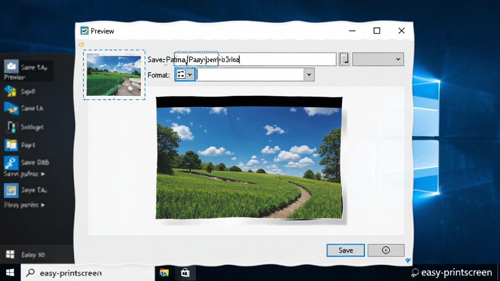 һ��չʾ easy-printscreen �� Windows ��������ɽ�ͼ�󵯳�Ԥ�����ڵ�ʾ��ͼ������������Ԥ�������뱣�水ť������ΪԤ��ͼ�����·�Ϊ������ť���Ű��࣬���Ϊ����������ʾ��ͼ��ϸ�ڰ���ͼƬ����ͼ������·������򡢸�ʽѡ��˵������������ɾ��޶���Ԫ��