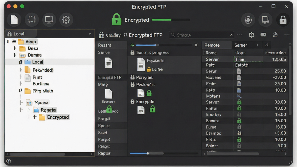 һ�������������ȫ��չʾͼ������������ Encrypted FTP �������ڣ����Ϊ�����ļ�Ŀ¼�����Ҳ�ΪԶ�̷������ļ��б�������������״̬����ʾ��ɫ����ͼ��������������ã�����������������ʾ