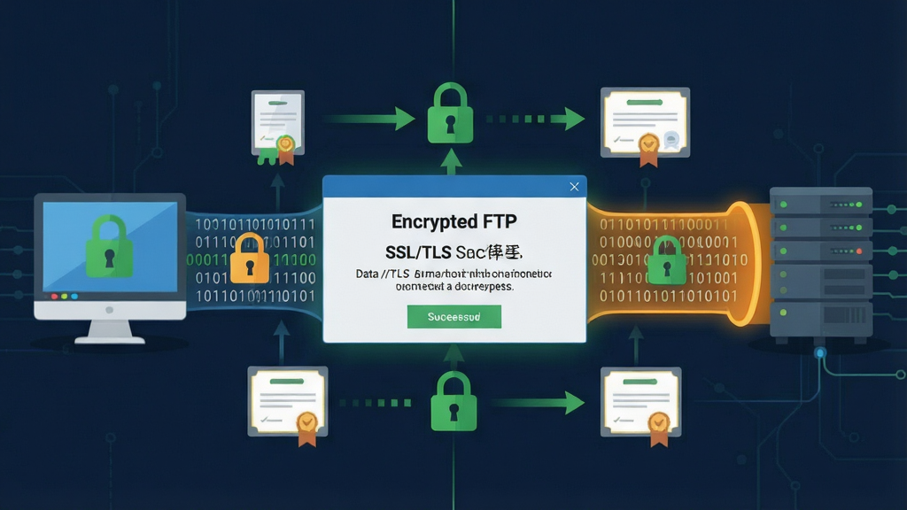 һ��չʾ�������ӽ������̵�ʾ��ͼ������������ Encrypted FTP �������浯��SSL/TLS���ֳɹ���ʾ�򣬱�������һ���ӱ��ص��Ե�Զ�̷�����������������������������ͼ��Ͷ��������ı�ʾ���ܣ�����Ϊ���ҷ�������౾�ص���ͼ�꣬�Ҳ������ͼ�꣬�м��������������ʾ�����Ϊ�Ƽ��б�ƽ�廭��ϸ�ڰ�����ɫ��ȫ�������ּ�ͷ��֤��ͼ�꣬���ʸ��壬�ɾ����޶���Ԫ��