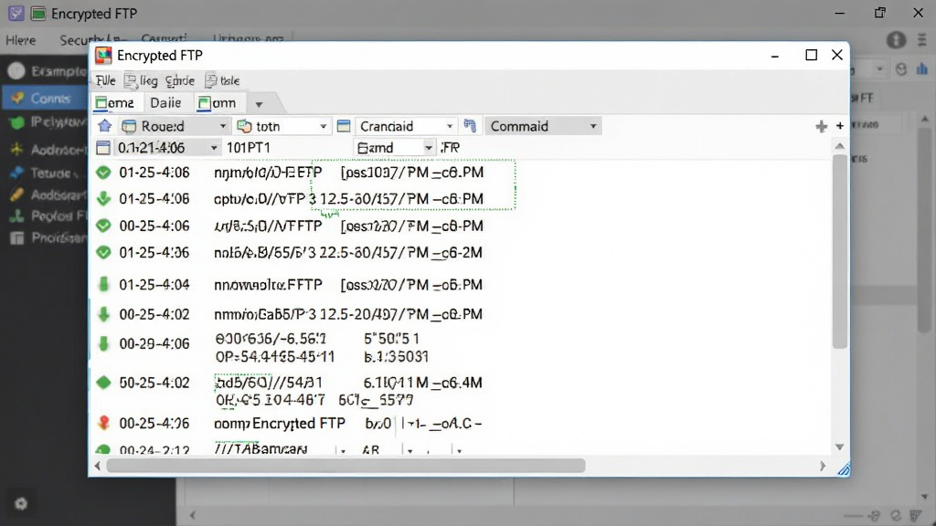 һ��չʾ��־��¼�밲ȫ��ƹ��ܵĽ���ͼ������������ Encrypted FTP ��������־���ڣ������а�ʱ��˳���г��������Ӽ�¼�ʹ����¼��ÿ����¼ǰ�в�ͬ��ɫ��״̬ͼ�꣬����Ϊ�������ڸ�����������֮�ϣ����Ϊרҵ�����������ϸ�ڰ���ʱ�����IP��ַ���������顢�����������ʸ��壬�ɾ����޶���Ԫ��