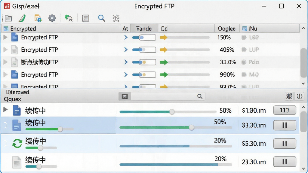 һ��չʾ���������ϵ��������ܵĽ���ͼ������������ Encrypted FTP �����������·��Ĵ��������壬�������ж���ļ���Ŀ��ʾ���ȰٷֱȺ�ʣ��ʱ�䣬����һ���ļ���ע