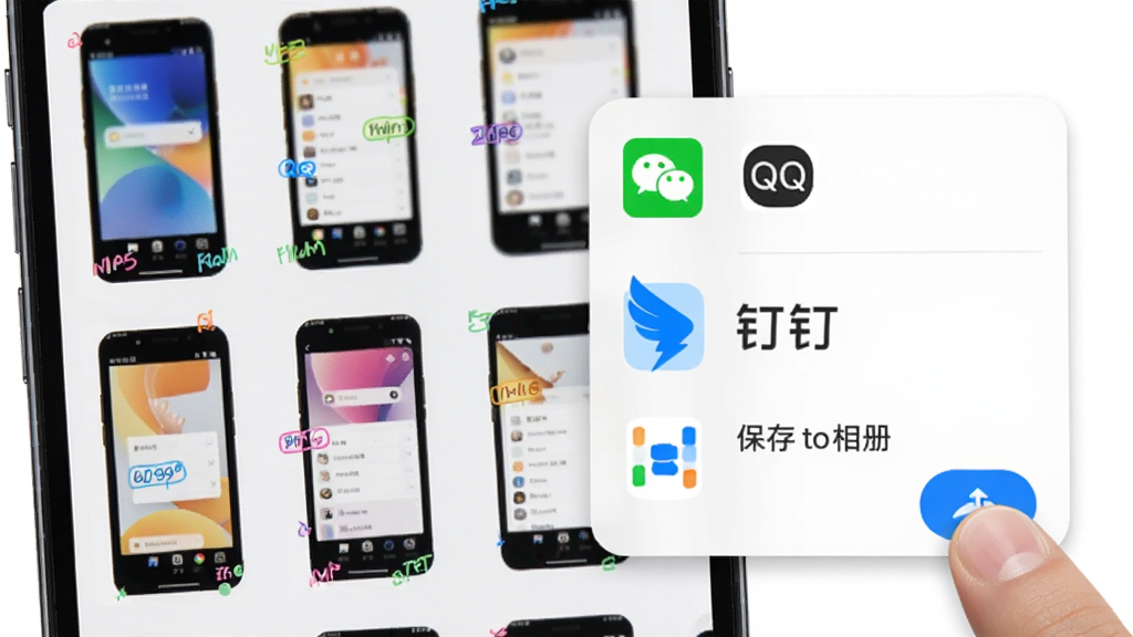 һ���ֻ���Ļ��ʾ�����棬����������Ŷ��Ŵ��в�ɫ��ע�Ľ�ͼ����ͼ���Աߵ��������˵����˵��а���΢�š�QQ�����������浽����ѡ�����Ϊ�ֻ���Ļ���������������Ϊ����չʾ�����Ϊ���¼�Լ���ƶ���UI���ϸ�ڰ�������ͼ�������ȡ������˵���Բ������Ӱ����ָ���������ť�Ķ��������ʸ��壬����ɾ����޶���Ԫ�أ������в������κ���������
