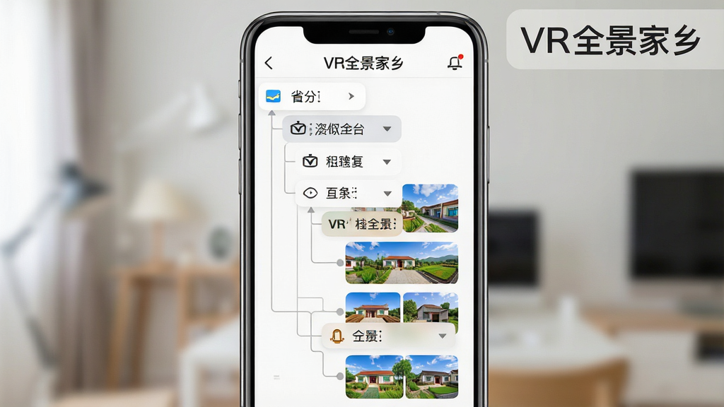 һ��չʾVRȫ���������������ܵ�AI��ͼ����������Ϊ�ֻ���Ļ����ʾ�Ų㼶�����ķ���˵�����ʡ�ݵ�������չ����ÿ���㼶���ж�Ӧ��ȫ������ͼ������Ϊ�ֻ����С�����˵�����Ļ�����������죬�Ű�Ϊ��״�ṹ�����Ϊ���¼�Լ�磬ϸ�ڰ����˵����ͼ����ơ�����ͼ��ɫ�ʱ��Ͷȡ�ѡ����ĸ���Ч��������Ϊ���壬�ɾ��޶���Ԫ�أ������пɴ����֡�VRȫ�����硱