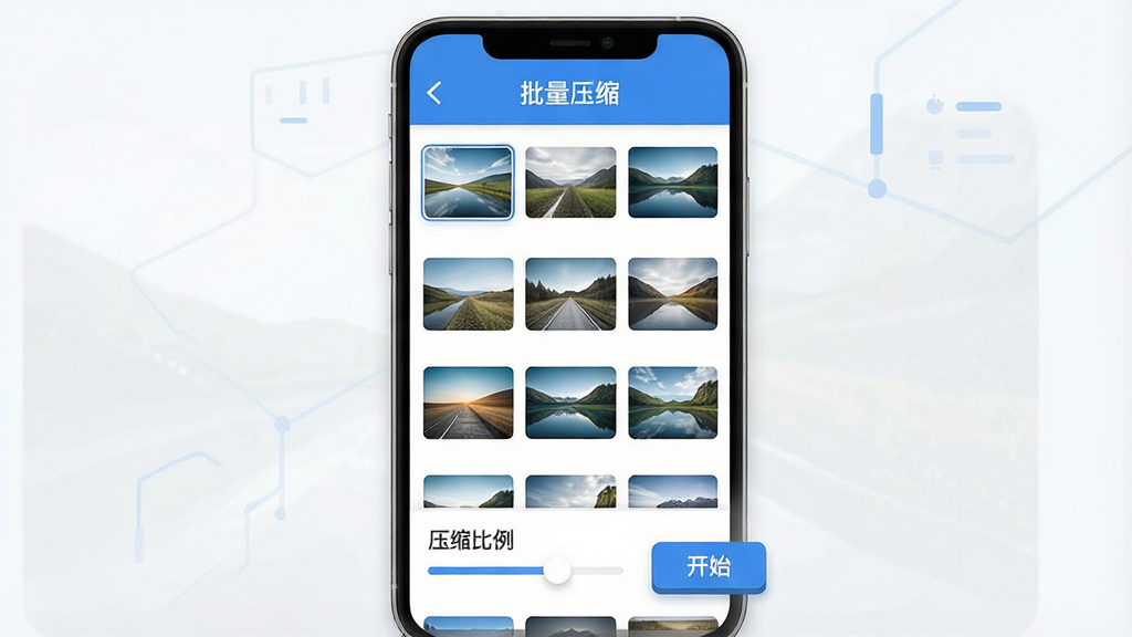 һ��չʾ��Ѹ��ѹ��������ͼƬѹ�����ܵĽ���ʾ��ͼ����������Ϊ�ֻ���Ļ����Ļ����ʾ����ͼƬ����ͼ���������У������С�����ѹ�������⣬�ײ���ѹ�������������뿪ʼ��ť����ɫ����ɫ�Ͱ�ɫΪ�������ֹ��������Ϊ��ƽ���Ƽ���UI��ϸ��������ͼ��������ť��������У����ʸ��壬����ɾ����޶���Ԫ�ء�