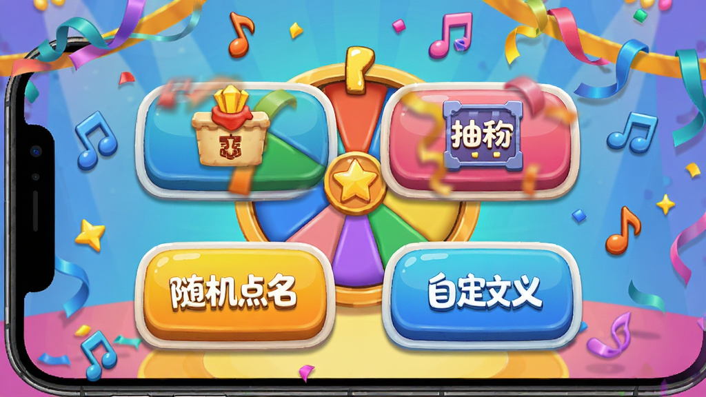 ���Ļ���ð��happyӦ���ڻ���ģʽѡ����棬�ֻ���Ļչʾת�̡��鿨������������Զ����ĸ���ťͼ�꣬ÿ��ͼ����ƾ���������У�����Ϊ��ͨ�����ɶԳ������вʴ�������Ʈ��������ɫ�����޻��ã����沼�־��жԳƣ��ɾ�������Ԫ��