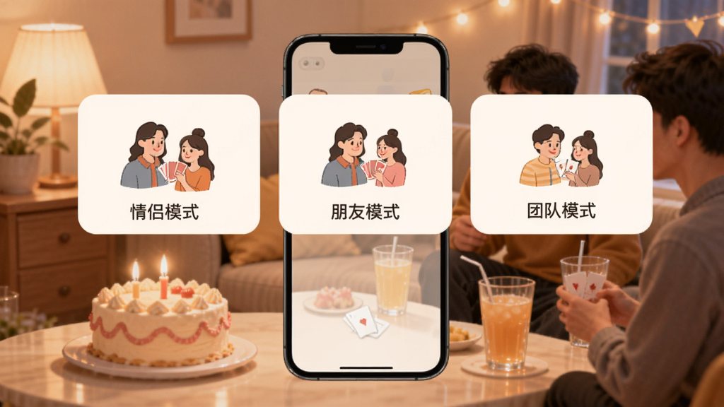 ���Ļ���ð��happyӦ���ڳ���ѡ����棬�ֻ���Ļչʾ����ģʽ������ģʽ���Ŷ�ģʽ����ѡ���ÿ��ѡ����ж�Ӧ�Ĳ廭ͼ�꣬��������ܰ�����ھۻ᳡�����е�������ϣ���������ů������ɫ����ͣ�����ɾ����࣬����ϸ��