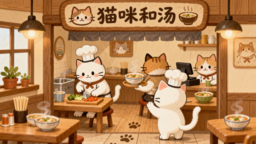 һֻ���ų�ʦñ�İ�ɫè��վ�������ſ����������������ж�ֻè���ڸ��Ը�λ��æµ��һֻ���вˡ�һֻ�ڶ�����һֻ��������������װ����ܰ��ľ�ʲ�����ǽ�Ϲ���è����������ƣ����沼��Ϊ����ͼ���Ϸ������ƺ͵��ƣ��·���è��Ͳ��������Ϊůɫϵ��ͨ�ֻ棬ϸ�ڰ�������ð�����������롢��̨�ϵ���ֲ���ذ��ϵ�èצӡ�����ʸɾ��������޶���Ԫ�أ�������д��è��������ĸ���