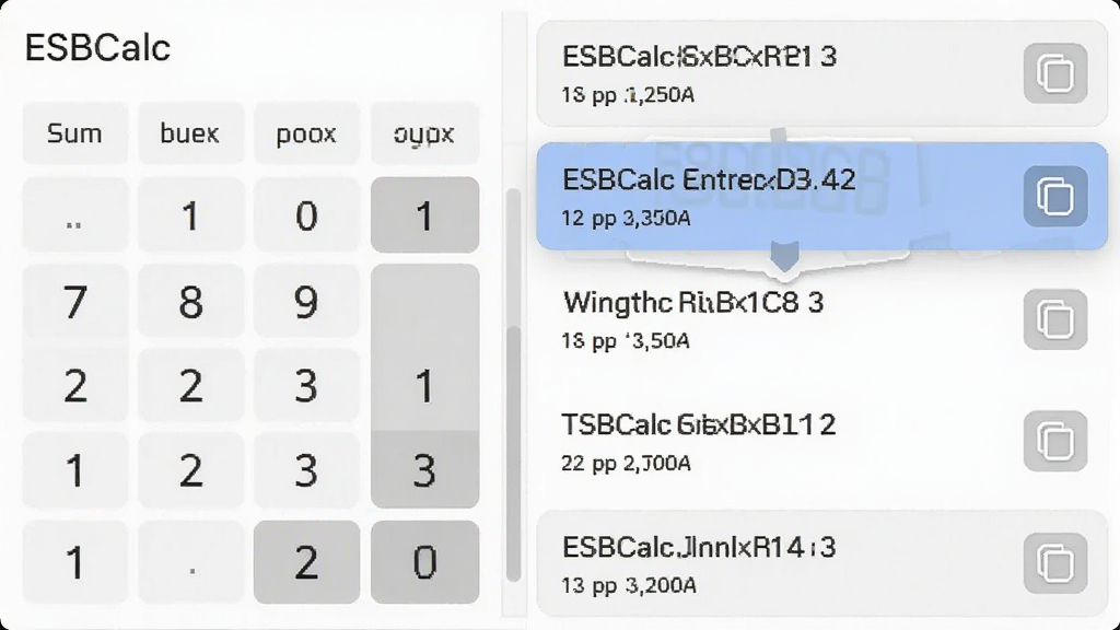 һ��չʾ ESBCalc ��ʷ��¼����ͼƬ�������Ҳ�Ϊ�������е���ʷ������Ŀ�б���ÿ����������ʽ���������Ϊ����������������Ϊǳɫ���棬����Ϊ���ҷ�����ϸ�ڰ�����Ŀ��ͣ�����븴�ư�ťͼ�꣬���ʸ��壬�ɾ����޶���Ԫ��