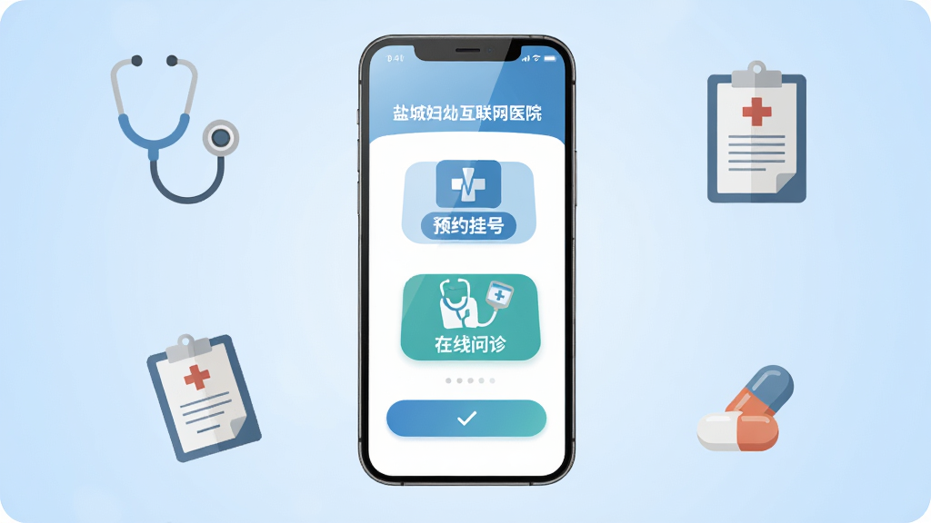����Ϊһ�������ֻ�����Ļ����ʾ���γǸ��׻�����ҽԺ��APP���棬����ԤԼ�Һź����������ͼ�꣬���ֲ��þ��й�ͼ���ֻ���������͵�ǳ��ɫ���䱳�����룬��Χ����������������������ҩ��ı�ƽ��ͼ�ꡣ�Ű������������Ϊ�ִ�ҽ�ƿƼ��磬ϸ�����ֻ���Ļ����΢���⣬���水ťԲ�󣬻��ʸ��壬����ɾ����޶���Ԫ�ء�