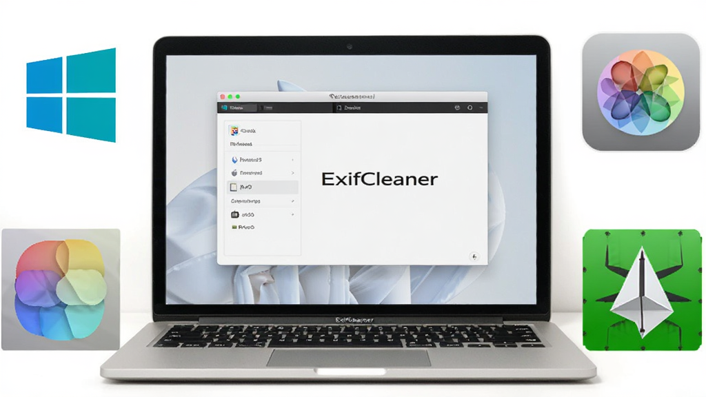 һ̨�ʼǱ�������Ļ����ʾExifCleaner���棬�Ա���Windows��macOS��Linux����ϵͳͼ�껷�ƣ�����ִ���Լ����ɫ�����������������޶���װ��