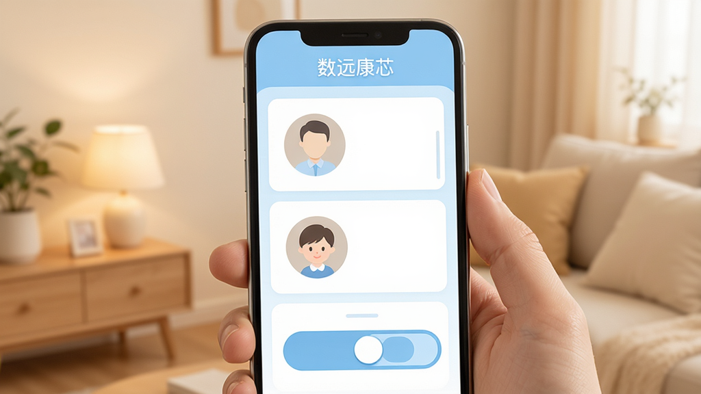 ��Զ��о��ͥ��Ա�������棬����չʾ�ֻ���Ļ�ڳ�Ա�б����л���ť��������ĸ����Ůͷ��ռλ�������С���Զ��о�����ƣ���������ܰ��ͣ���ɫ��ǳ���Ͱ�ɫΪ�������ֹ����������������޶���Ԫ��