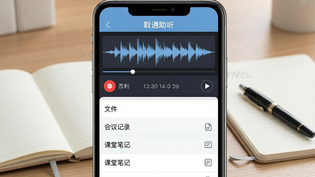 ��������Ϊ����ͨ������App¼�����棬��Ļ��ʾ����¼�����������ļ��б����б����С������¼�������ñʼǡ����ļ���������Ϊ�����������бʼǱ��ͱʡ����ֲ������½ṹ���Ϸ�Ϊ¼�����Σ��·�Ϊ�ļ��б�������������죬ϸ�ڰ�����ɫ¼����ť��ʱ���������ͼ�ꡣ�����������ɾ����޶���Ԫ�ء�