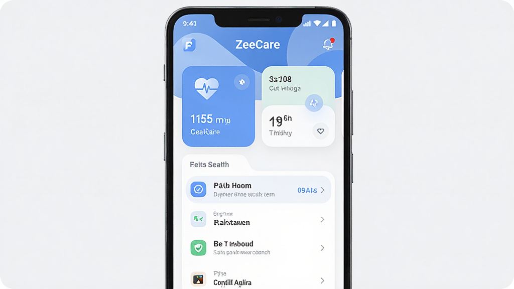 ����Ϊһ����׿�ֻ����ֻ���Ļ����ʾ ZeeCare Ӧ�������棬��������������ݿ�Ƭ�������б������־��У��Ű��࣬���Ϊ�ִ���ƽ���Ƽ��磬ϸ�ڰ�����͵�������ɫ��Բ��ͼ�ꡢ���������ֱ�ǩ������Ϊ���� 4K���ɾ����޶���Ԫ��