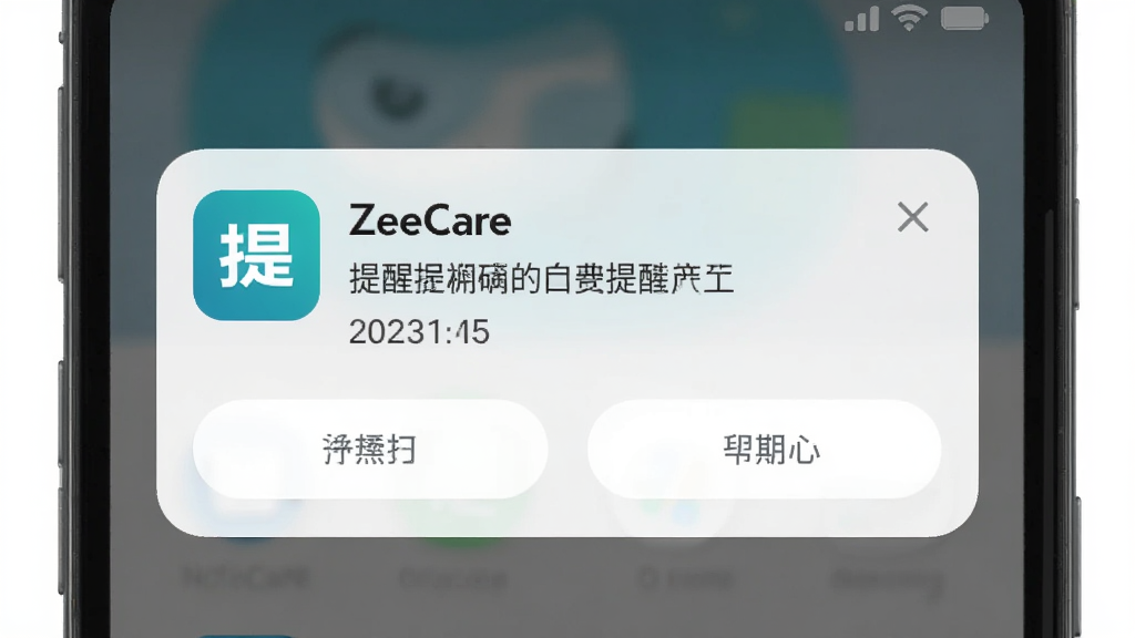 ����Ϊ ZeeCare Ӧ���ڰ�׿�ֻ��ϵ�֪ͨ���ѵ������棬����Ϊ�ֻ���Ļ���У��Ű�Ϊ֪ͨ��Ƭ��ʽ�����Ϊ���Բ�ǣ�ϸ�ڰ���Ӧ��ͼ�ꡢ�������֡�ʱ�����������ť�����ʸ��壬�ɾ����޶���Ԫ��