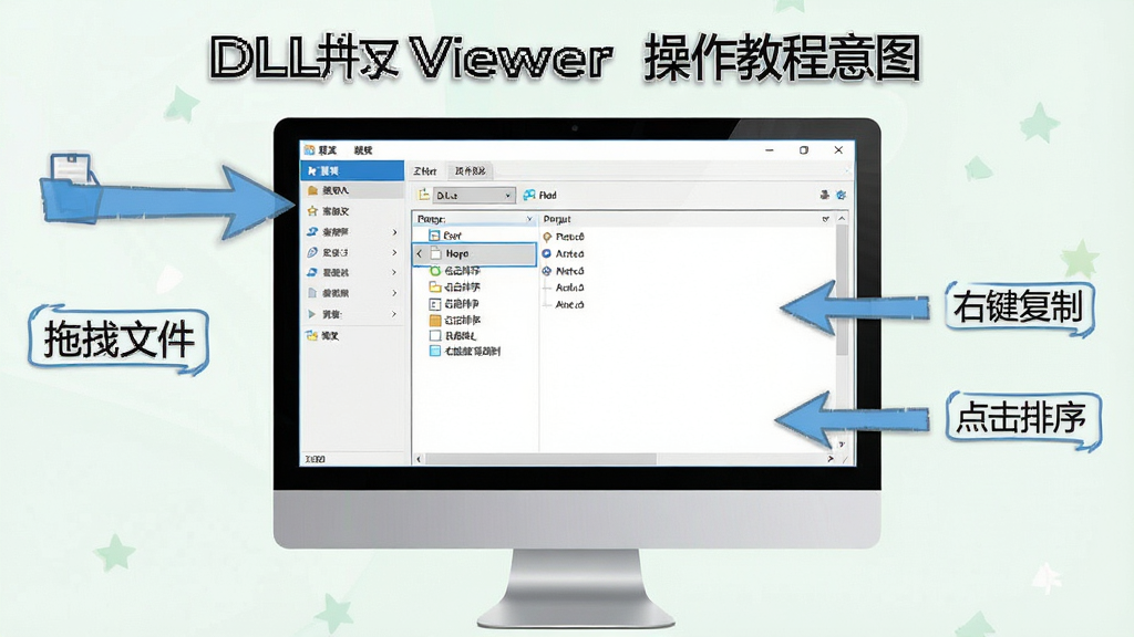 DLL Export Viewer �����̳�ʾ��ͼ������Ϊ������Ļ��ʾ�������棬�Ա��м�ͷ��ע�˵������б���������Ϊͼ�Ľ�ϣ����Ϊ���½�ѧ�磬ϸ�ڰ������ֱ�ע����ק�ļ�������������򡱡����Ҽ����ơ��������������ɾ����޶���Ԫ��