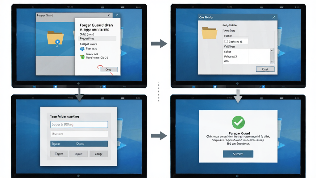 Folder Guard ������װ���ļ��б�����������ͼ�������ǵ�����Ļ�ϵķֲ�������ͼ������Ϊ�ĸ�����ͼ�Ű棬���Ϊ��ƽ���̷̳磬ϸ�ڰ�����װ�򵼴��ڡ��ļ���ѡ��Ի������������������ʾ�����ʸ��壬����ɾ����޶���Ԫ��