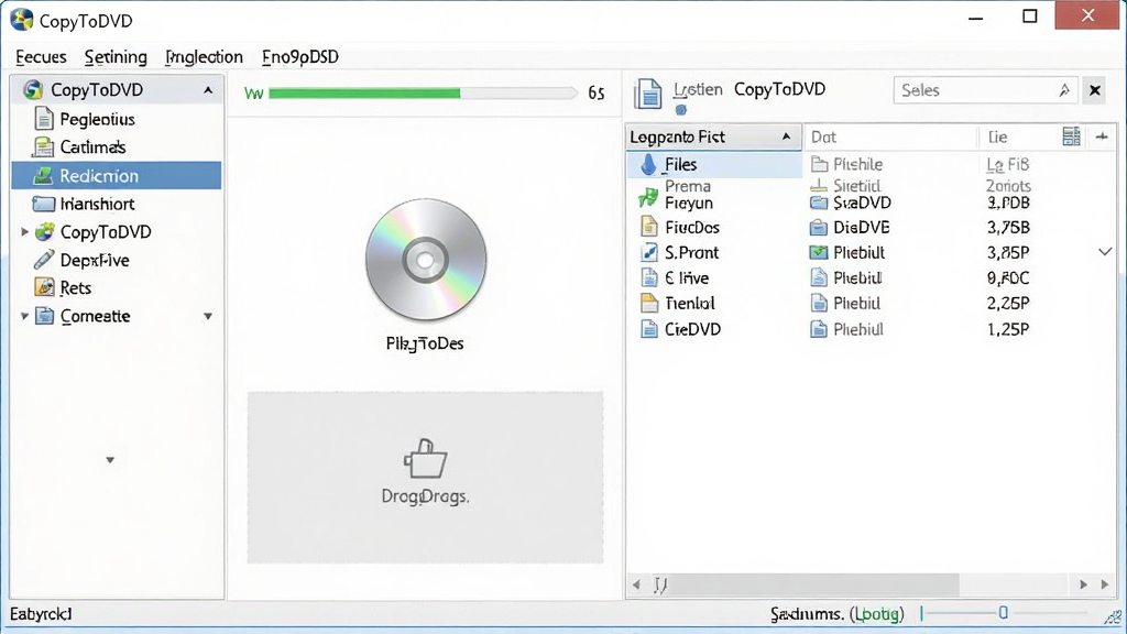 CopyToDVD ����������Ԥ��ͼ������Ϊ��������λ�ڻ������룬��������չʾ�Ϸ��˵�������๦�ܵ������Ҳ��ļ��б������Ű������������ҷ����ṹ�����Ϊ�ִ���Լ�ĵ������������ͼ���ϸ�ڰ�����¼������������ͼ�ꡢ�ļ���ק������ײ�״̬�������������ɾ��޶���Ԫ�أ���Ļ����ʾ��CopyToDVD��������������