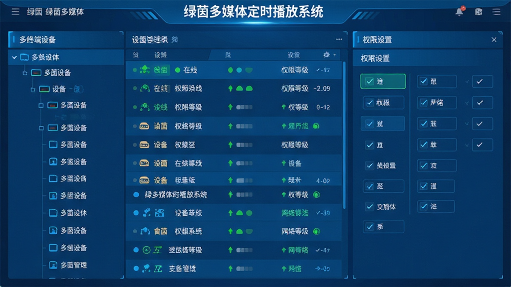 �����ý�嶨ʱ����ϵͳԶ�̹������棬����Ϊ���ն��豸�б���Ȩ��������壬���ֲ�������豸�����Ҳ�Ȩ�޹�ѡ���Ű����������Ϊ�Ƽ�������ϸ��չʾ�豸����״̬��Ȩ�޵ȼ�ͼ�ꡢ�������ӱ�ʶ�����������ֱ�ע�������ý�嶨ʱ����ϵͳ������������������ɾ����޶���Ԫ��