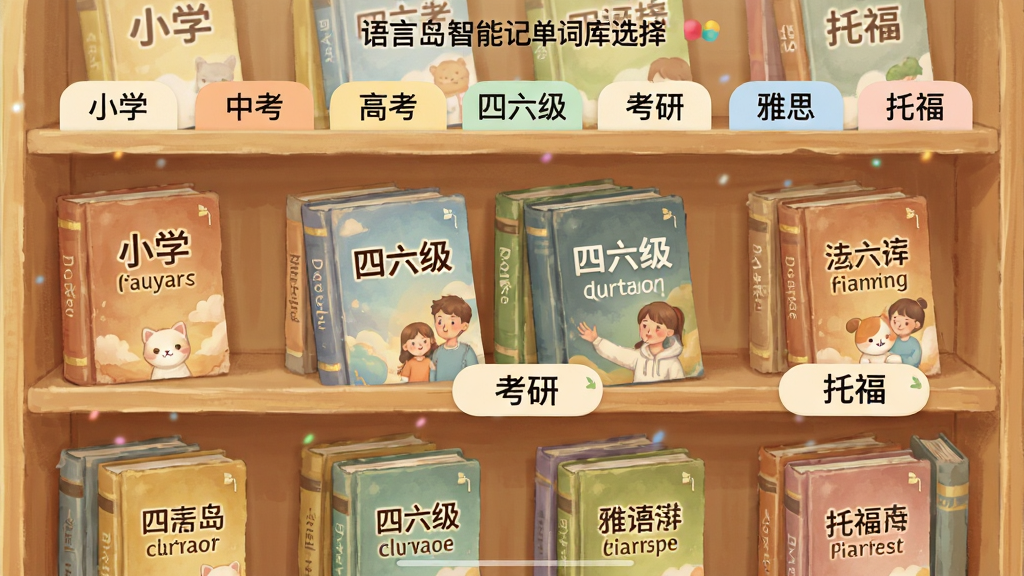 ���Ե����ܼǵ��ʴʿ�ѡ����棬����չʾ������ʽ�ʿ���࣬��ǩ����Сѧ���п����߿��������������С���˼���и��ȣ�ÿ��������ж�Ӧ�����飬�������������ůɫ����ϸ�ڰ����鱾��Ⱥͱ�ǩ���֣������������ɾ����޶���Ԫ��