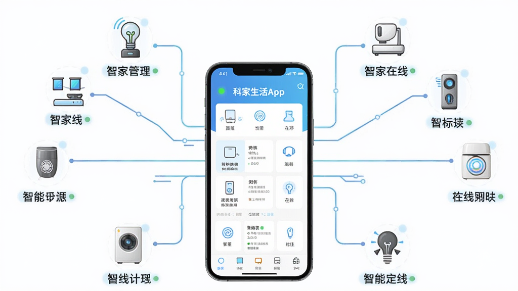 һ���ԿƼ�����AppΪ���ĵ����ܼҾ��豸����ʾ��ͼ����������Ϊ�ֻ���Ļ�пƼ�������豸�������棬��Χ���������Ӹ������ܼҵ�ͼ�꣬���ֲ������ķ���ʽ�Ű棬���Ϊ���Ƽ��廭��ϸ�ڰ�����ͬ�����ǩ������״ָ̬ʾ�����ʸ��壬�ɾ����࣬�޶���Ԫ��