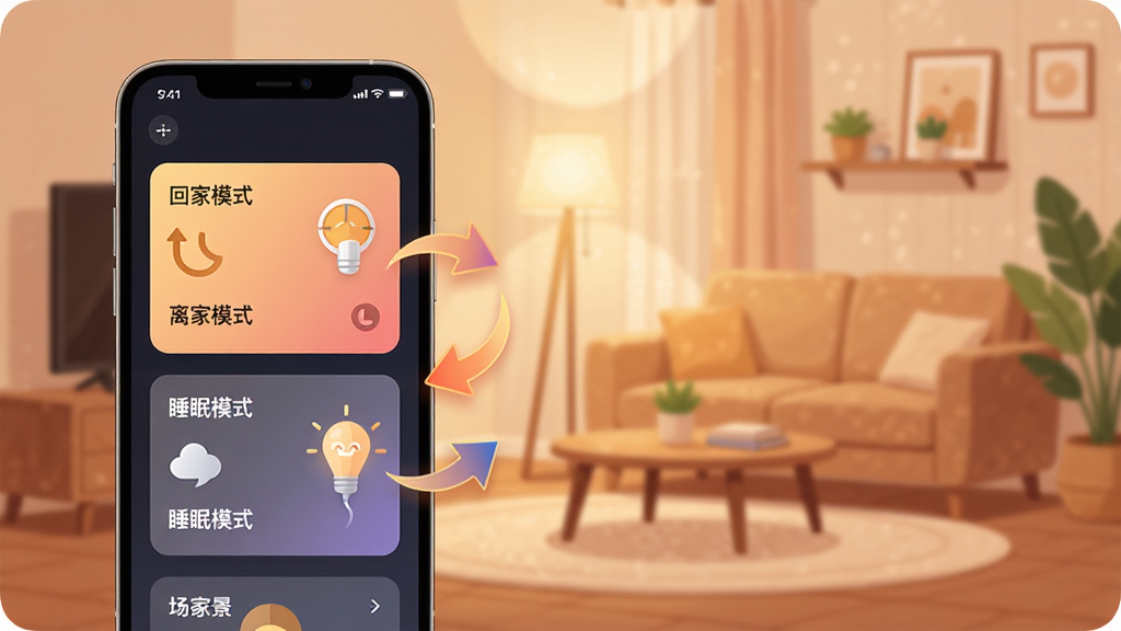 һ��չʾ�Ƽ�����App�����������ܵ�ͼƬ���������ֻ���Ļ��ʾ�ؼ�ģʽ�����ģʽ��˯��ģʽ�ȳ�����Ƭ������Ϊ��ܰ�ļ�ͥ����������Ϊ��Ƭʽ���У����Ϊ��ů�ִ��廭��ϸ�ڰ����ƹ⽥��Ч���Ͷ�̬��ͷ�����ʸ��壬�ɾ����࣬�޶���Ԫ��