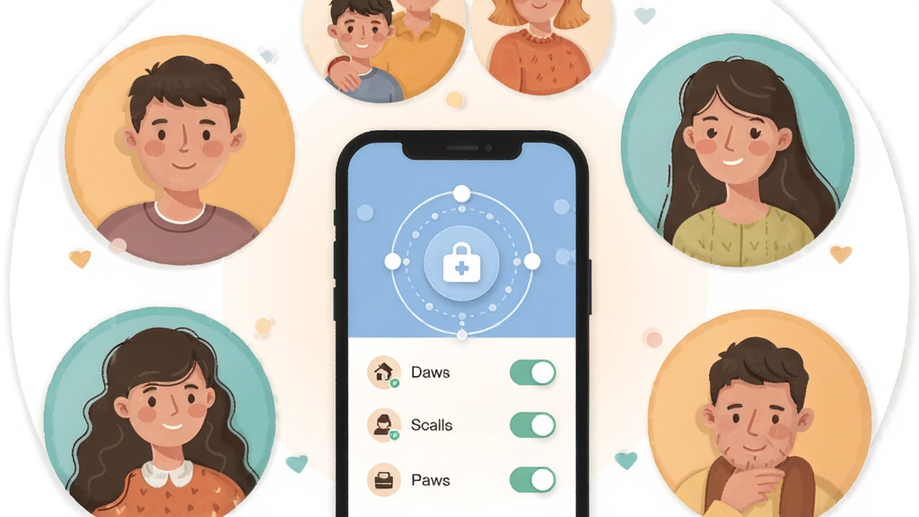 һ��չʾ�Ƽ�����App��ͥ�������ܵ�ͼƬ�������ж����ͥ��Աͷ��Χ��һ�����ܼ�ͥ���ģ��ֻ���Ļ��ʾ��ԱȨ�����ý��棬����ΪԲ�λ���ʽ�����Ϊ��ƽ����ܰ�廭��ϸ�ڰ�����ͬ��ɫ��ͼ���ʶ��Ȩ�޿��أ����ʸ��壬�ɾ����࣬�޶���Ԫ��