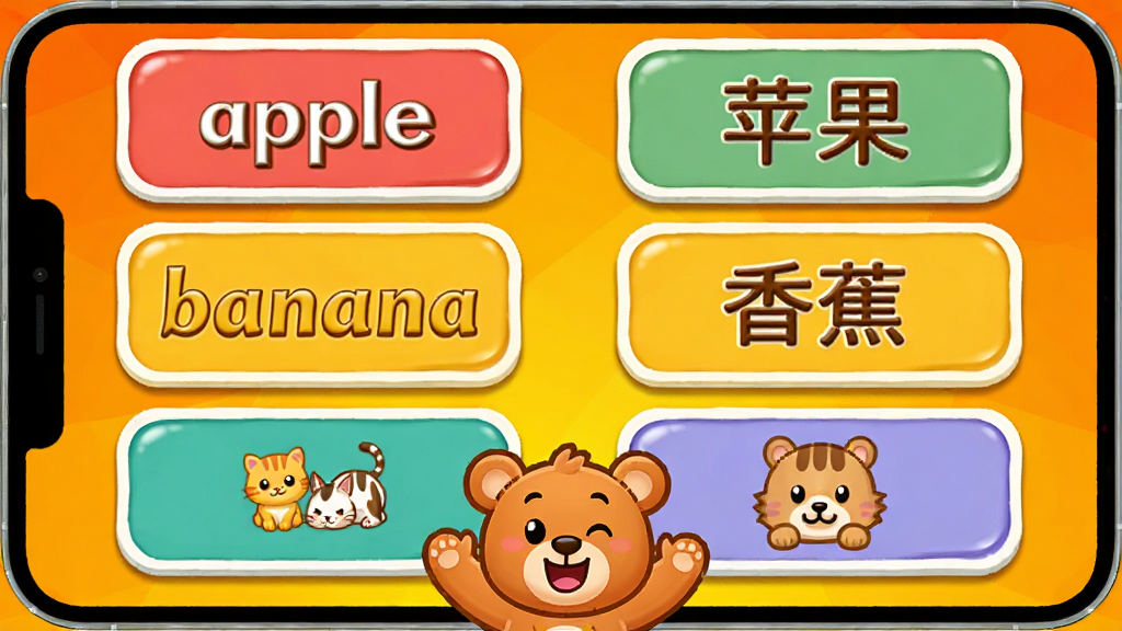 �����ܵ�����������Ϸ���棬��ͨС������Ļ�·���������Ļ���������ſ�Ƭ��Ϊ���У������Ӣ�ĵ���apple��banana��cat���ұ�������ƻ�����㽶��è����Ƭ����Բ�Ǳ߿򣬱���Ϊ�����ĳ�ɫ���ɫ���䣬��񻶿죬���������ɾ�