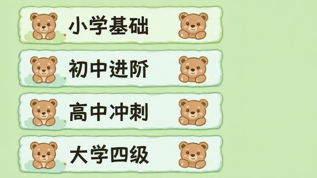 �����ܵ����������ʿ�ѡ����棬�������е�ѡ���ʾСѧ���������н��ס����г�̡���ѧ�ļ��ȱ�ǩ������Ϊǳ��ɫ��ÿ��ѡ�����С��ͼ�꣬�����࣬���ʸɾ���������װ��