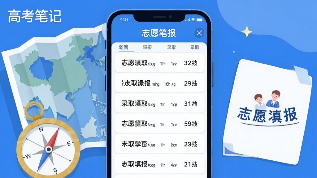 һ��AI���ɵĲ廭������������һ���ֻ�����Ļ����ʾ�߿��ʼǵ�־Ը�ҳ�棬�б�չʾ������ѧ������¼ȡ�����ߣ��ֻ��Ա߰ڷ��ŵ�ͼ��ָ�����д�С�־Ը��������Ŀ�Ƭ�����岼�����ҶԳƣ�����ƽ���廭��ɫ������ɫ�Ͱ�ɫΪ����ϸ�����������ʸɾ�������Ϊ���߿��ʼǡ�