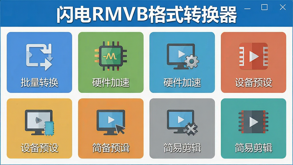 һ��չʾ����RMVB��ʽת�����������Ե�ͼƬ������������������壬����Ϊ����״ͼ�����У��Ű����룬���Ϊ��ƽ����ƣ�ϸ�ڰ���������ת������Ӳ�����١����豸Ԥ�衱�����׼����������ֱ�ǩ�Ͷ�Ӧͼ�꣬�������ơ�����RMVB��ʽת��������ʾ�ڶ��������������ɾ����޶���Ԫ��