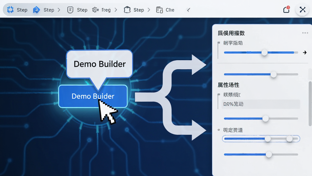 Demo Builder ����ʽ��ʾ����������������չʾһ������ģ����棬���ָ����ͣ�ڰ�ť�ϲ����ָ�����ʾ���ݣ��Ա��з�֧·����ͷָ��ͬ�������������Ԫ�ذ������赼���������Ե��ڻ��飬���岼�����������Ƽ���ǿ��ɫ��������Ϊ�������ʾ�ϸ��������Ԫ��