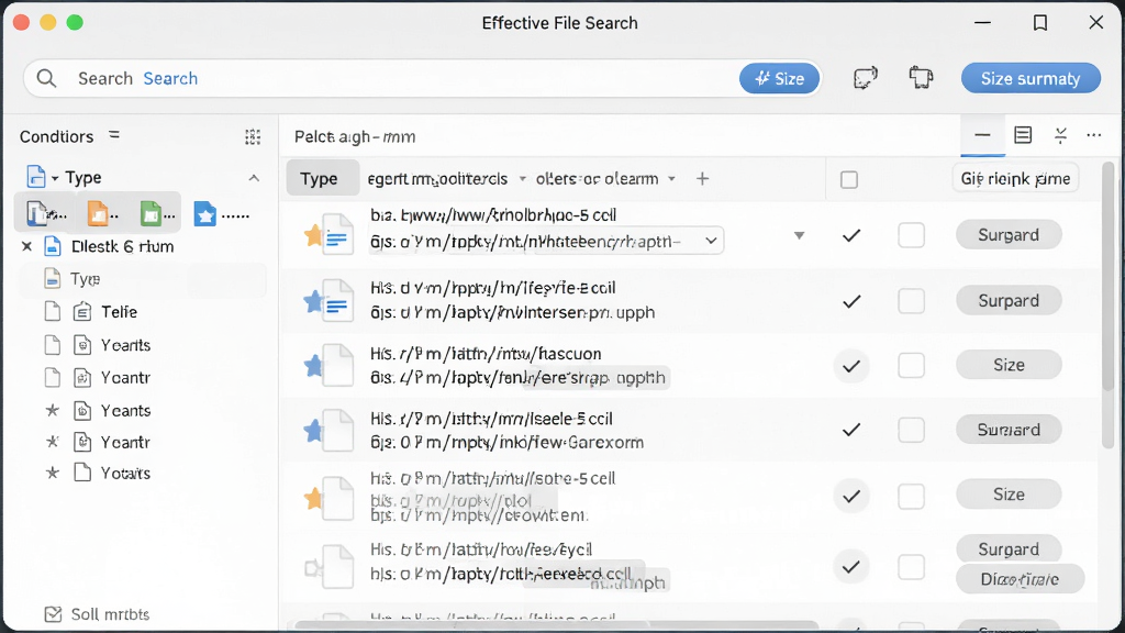 һ����������ȫ��ͼ������Ϊ Effective File Search �����ڣ�����Ϊ���������������ɸѡ������壬�Ҳ�Ϊ�ļ�����б����Ű��������࣬���Ϊ�ִ���Լ�Ƽ��磬ϸ�ڰ����������ļ�����ͼ�ꡢ·����ʾ���С����ť�����ʸ��壬����ɾ����޶���Ԫ��