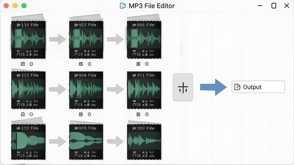 MP3 File Editor �����ϲ���Ƶ�ļ��������棬��������ʾ�����Ƶ�ļ���˳�����У��кϲ���ͷָ������ļ�������Ϊ��ɫ������Լ���񣬻��ʸɾ����޶���Ԫ��