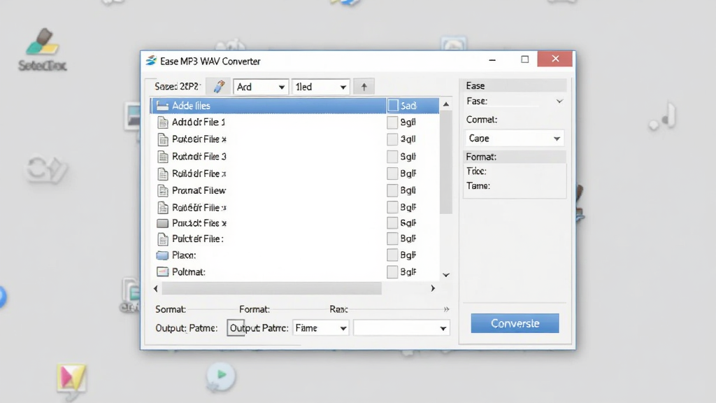 һ�Ÿɾ������������ͼ���ͼƬ������������ Ease MP3 WAV Converter ���������ڣ���������ʾ�����ļ��б���ת����ť������Ϊǳ��ɫ���棬���岼�ּ�࣬�Ű����������Ϊдʵ������ͼ��ϸ�ڰ����ļ��б�����ʽѡ����·�����ã����ʸ��壬�ɾ����޶���Ԫ�ء�