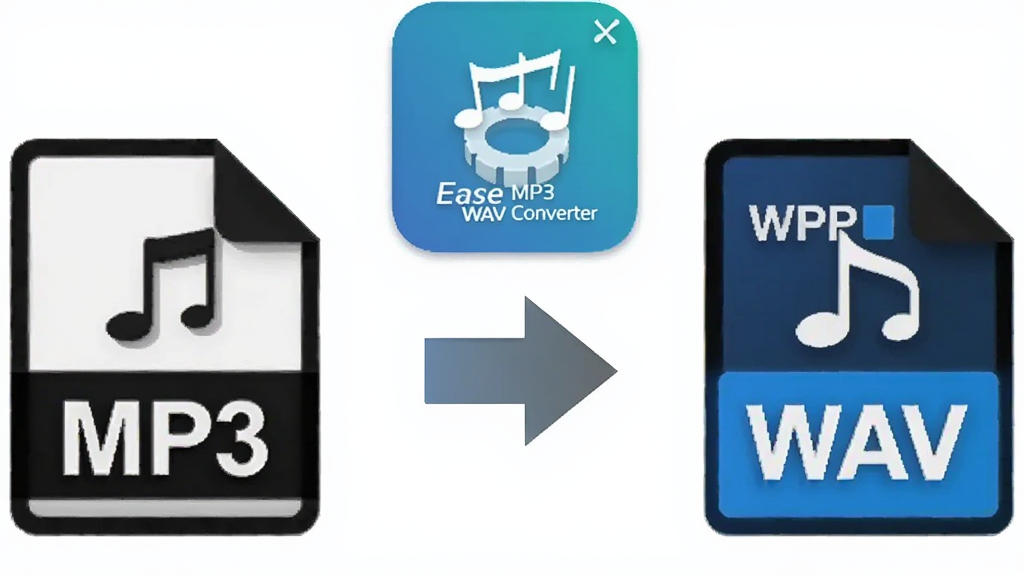 һ��չʾ��Ƶ��ʽת�������ͼƬ������������ Ease MP3 WAV Converter ����ͼ���� MP3��WAV ��ʽ��ʶ������Ϊ���ҶԱ����У���� MP3 �ļ�ͼ�꣬�Ҳ� WAV �ļ�ͼ�꣬�м���ת����ͷ�����Ϊ��ƽ���Ƽ��У�ϸ�ڰ�������Ԫ�ء��ļ���ʽ���֣����ʸ��壬�ɾ����޶���Ԫ�ء�