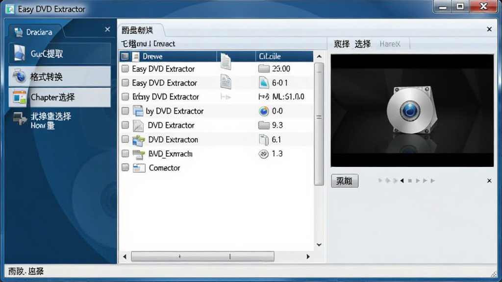 Easy DVD Extractor �����������ͼ����������չʾ�������ڣ����Ϊ���ܵ���������������ȡ����ʽת�����½�ѡ���ѡ��Ҳ�Ϊ�ļ��б���Ԥ���������岼����������������ɫ��ǳ��ɫ����������񣬽�������ΪӢ�ģ����������ɾ����޶���Ԫ��
