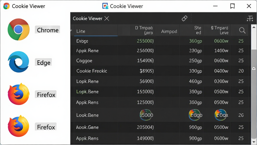 �������Cookie��ȡ����ʾ��ͼ����������Ϊ Cookie Viewer �������棬�����ʾChrome��Edge��Firefox�������ͼ���б����Ҳ���ʾѡ���������Ӧ��Cookie���ݱ��񣬲���Ϊ���ҷ������Ű����������Ϊ�������磬ϸ���ϰ�����ɫ�����ͼ�����ɫ���ݱ��񣬻��ʸ��壬����ɾ����޶���Ԫ��