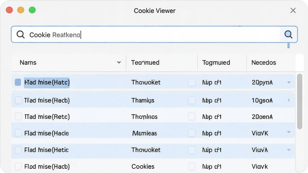 Cookie�ؼ��ʼ������ܽ���ͼ�������� Cookie Viewer ���������Ϸ�������������·������и�����ʾƥ���Cookie��¼������Ϊ���½ṹ���Ű���������Ϊ��ˬǳɫϵ��ϸ�����������зŴ�ͼ�꣬��������ǳ��ɫ���������ʸ��壬����ɾ����޶���Ԫ��