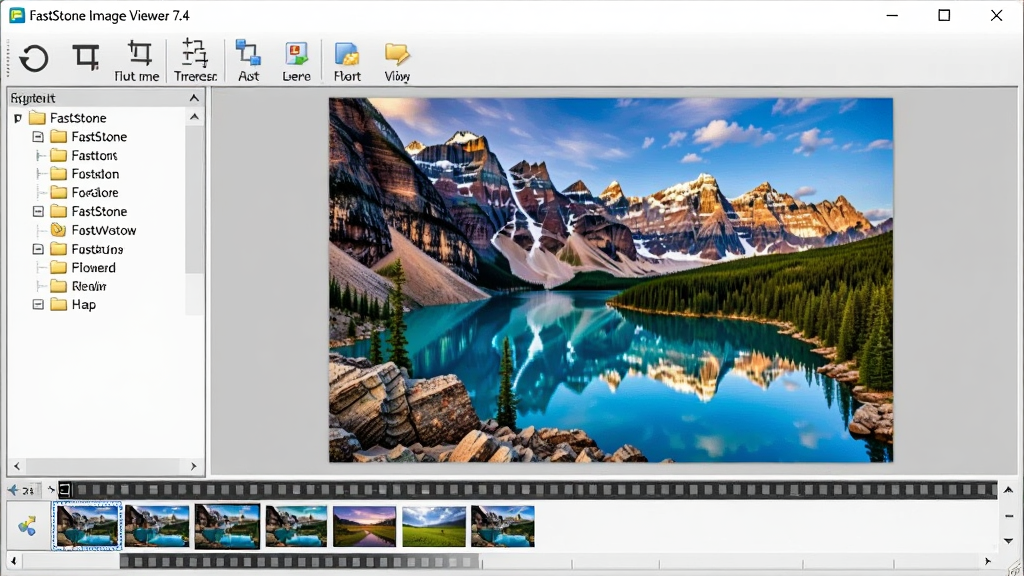 һ�Ÿɾ��������������չʾͼ�������� FastStone Image Viewer 7.4 �������ڣ�����������ʾһ��ɫ�����޵ķ羰��Ƭ��������ļ���Ŀ¼�����ײ�������ͼ��Ƭ����������������������ת���ü���������С��ͼ�갴ť�����ֹ������Ű����������Ϊ�ִ���Լ��������ͼ���ϸ���ϴ��ڱ�Ե��ǳ��ɫ��Ӱ����ť����΢����У����ʸ��壬����ɾ����޶���Ԫ�ء�