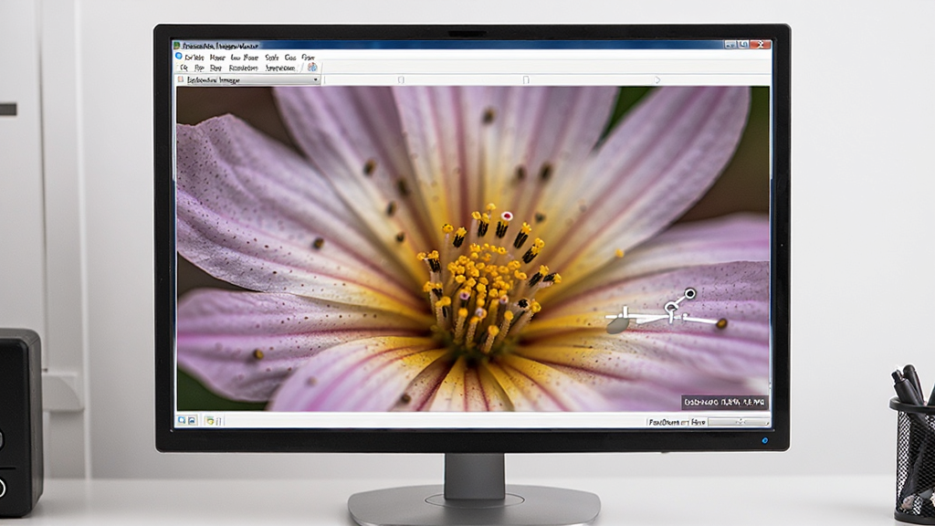 ������չʾһ̨������Ļ����Ļ�� FastStone Image Viewer ��������ȫ����ʾһ�Ÿ��廨��΢����Ƭ����Ƭϸ�������ɼ�����Ļ���½��а�͸�������ű�����ʾ����Ļ��Χ������İ칫���滷�������дʵ��ϸ�ڷḻ�����ʸ��壬����ɾ����޶���Ԫ�ء�