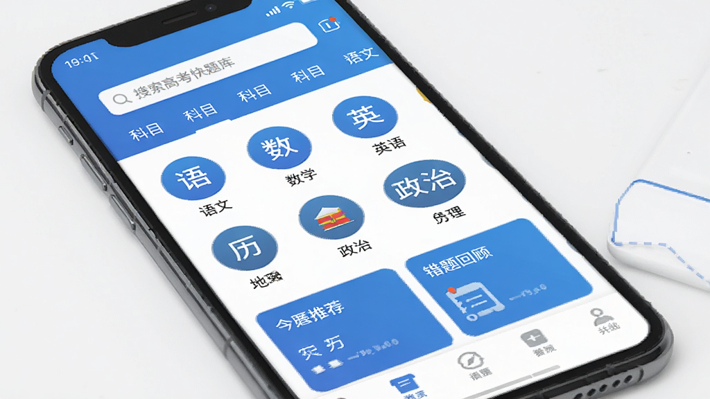 �ֻ���Ļ��չʾ���˸߿������APP����ҳ���棬������������Ϳ�Ŀ�����ǩ���м������ġ���ѧ��Ӣ����Ρ���ʷ�������ȿ�Ŀ��Բ��ͼ�������·���ʾ�����Ƽ���ϰ�ʹ���ع˿�Ƭ��������ɫ����ɫ�Ͱ�ɫΪ��������ɾ����࣬���Ϊ��ƽ���ִ�UI��ƣ�ϸ�ڰ���״̬��ʱ�䡢���ͼ�ꡢ�ײ��������������������޶���Ԫ��