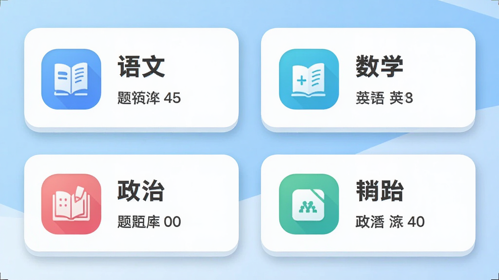 ���˸߿������APP�Ŀ�Ŀѡ������ͼ���������������������ġ���ѧ��Ӣ����εȿ�Ŀ�Ŀ�Ƭ��ÿ����Ƭ���п�Ŀ���ƺ���Ŀ����������Ϊǳ��ɫ���䣬��������£�����Ϊ�����������У�ϸ�ڰ�����ƬԲ�ǡ���ӰЧ����ͼ����ƣ����ʸ��壬�޶���Ԫ��
