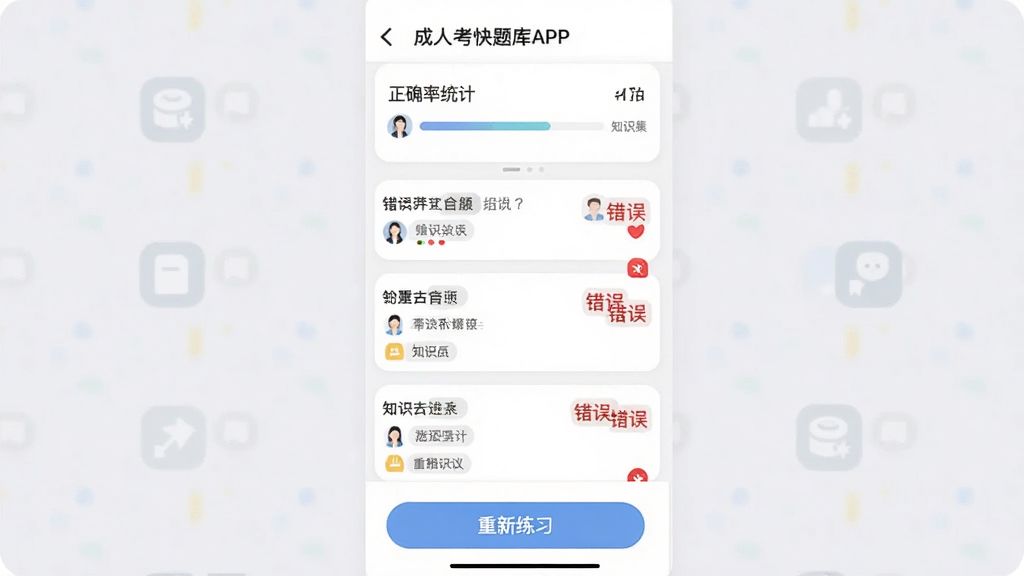 ���˸߿������APP�Ĵ��Ȿҳ���ͼ��������չʾ�����б���ÿ�����Ա��к�ɫ�����Ǻ�֪ʶ���ǩ����������ȷ��ͳ��ͼ�����ײ���������ϰ��ť��������Ϊ��Ƭʽ���֣���ɫ�԰�ɫ��ǳ��ɫΪ����ϸ�ڰ�������������ǩԲ�ǡ�ͼ����ʽ�������������޶���Ԫ��