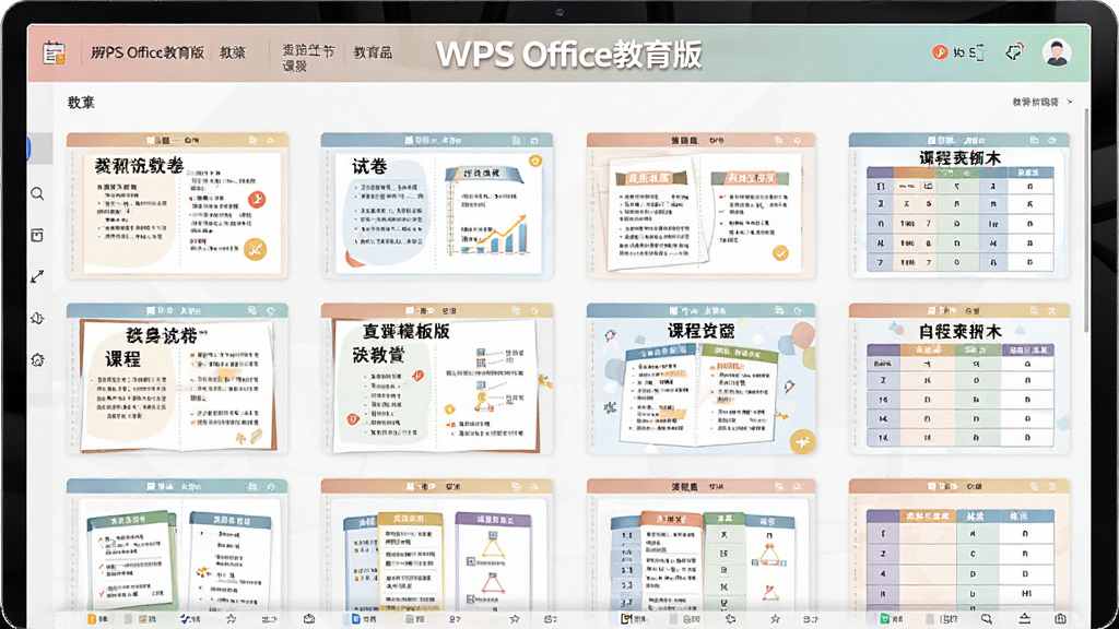 WPS Office�������ѧģ�����棬����չʾ����̰����Ծ����γ̱�ģ������ͼ������������Ļ�ϣ����涥����
