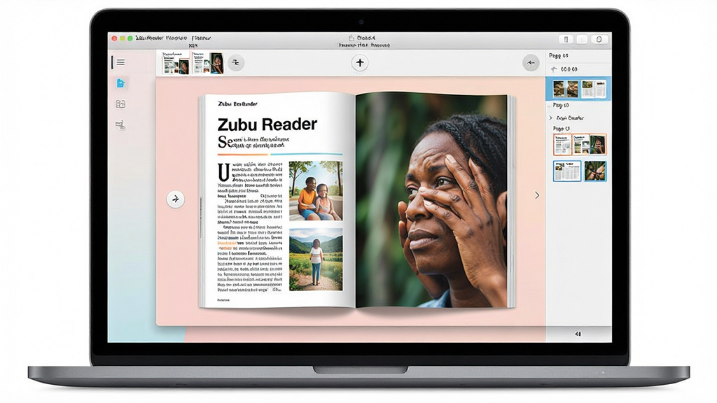 һ��չʾ Zubu Reader ������־�Ķ������������ͼƬ��������һ̨�ʼǱ�������Ļ����Ļ����ʾ�� Zubu Reader ������־�Ķ������������ڣ�������չʾ��һ����ɫ������־�Ŀ�ҳ�Ű棬��־ҳ��ͼ�Ĳ�ï����������±�������ģ��Ҳ��Ǹ�����ͼ������������ɾ������з�ҳ��ť��Ŀ¼����������־��жԳƣ�����ִ���Լ��ɫ��������ͣ�ϸ�ڰ������������Ĳ˵�����ҳ����ʾ������ͼ���������ʸ��壬�ɾ����࣬�޶���Ԫ��