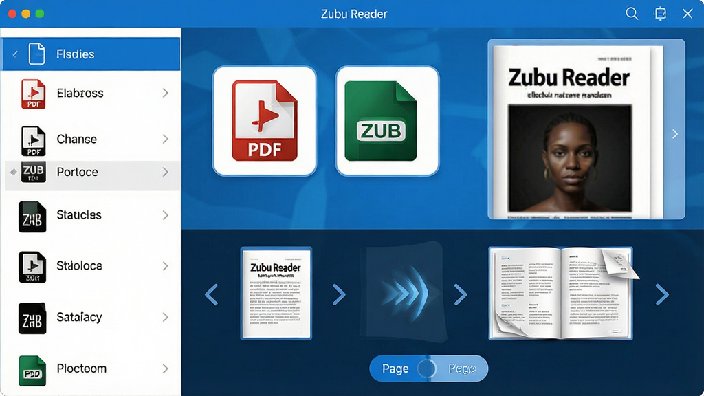 һ��չʾ Zubu Reader ������־�Ķ������ʽ�����뷭ҳ���ܵ�ͼƬ������������������д����Ļ��ͬʱչʾ����������־�ļ�����ͼ��һ��Ϊ PDF ��ʽͼ�꣬һ��Ϊ ZUB ��ʽͼ�꣬�·�չʾ��ҳ����Ч����������е�ҳ��˫ҳ�л���ť�����ֲ������ҷ��������Ϊ�ļ��б����Ҳ�Ϊ��־Ԥ�����ڣ����Ƽ���ʮ�㣬ɫ��������Ϊ����ϸ�ڰ�����ʽͼ�ꡢ��ҳ��ͷ���Ķ�ģʽ�л���ť�����ʸ��壬�ɾ����࣬�޶���Ԫ��