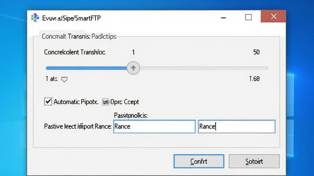 һ��չʾSmartFTP��Windows����������ʱ�����ý����ͼ����������ʾ����������壬�����������������顢�Զ��Ͽ�ѡ�ѡ�򡢱���ģʽ�˿ڷ�Χ����򣬲���Ϊ���ô�����д�����ΪWindowsԭ�����ý�����ϸ�ڰ�����ֵ���ڿؼ������ֱ�ǩ��ȷ�ϰ�ť�������������ɾ��޶���Ԫ��