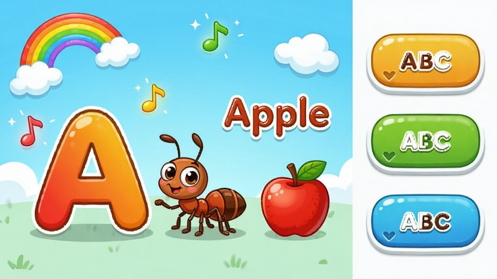 ����ѧӢ��ABCȤζ������ѧ������������һ����ͨ��ĸA���ڱ��һֻС���ϣ��Ա��е��ʡ�Apple����ƻ��ͼ�������ֲ������ҷ���������Ƕ�����ʾ�����Ҳ��ǵ��ʸ�����ť�����Ϊ������ͨ��ϸ�ڰ����ʺ硢�ƶ�����������ʸ��壬�ɾ����޶���Ԫ��